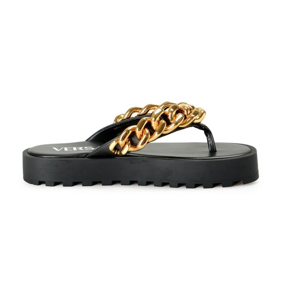 Versace Women's Black & Gold Leather Sandals Flip Flops Shoes - Picture 4 of 8